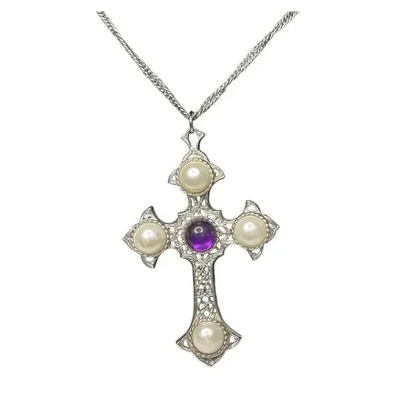 Vintage Sarah Coventry Cross Necklace Faux Pearl Purple Cabochon Silver Tone - Picture 2 of 8